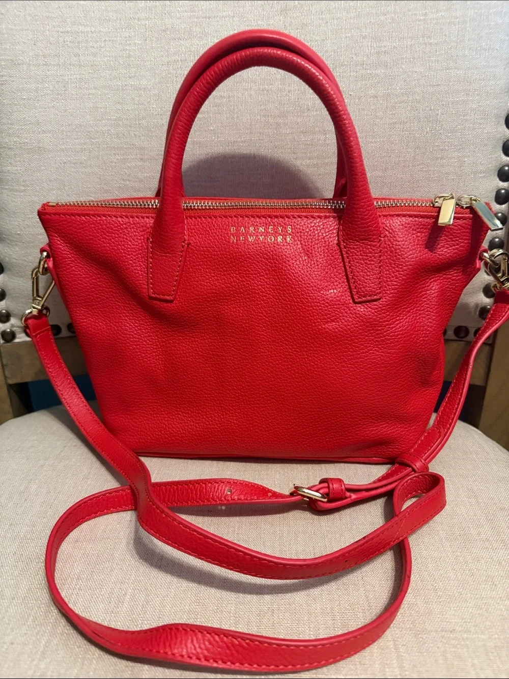 Barneys New York “Monica” Vibrant Red Pebbled Leather Mini Tote/Satchel